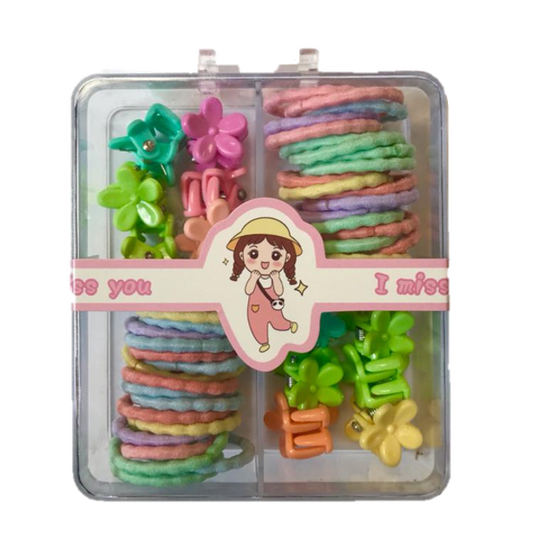 Mini Box of 3 Assorted Flower / Rabbit Hair Accessories Clips and Elastic Bands 1.5 - 2 cm Assorted Colours 7335