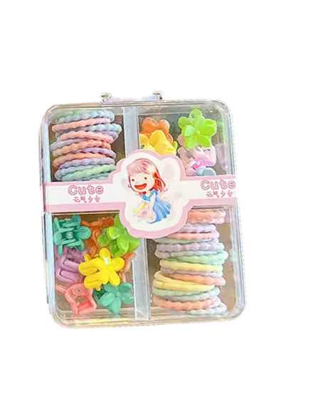 Mini Box of 3 Assorted Flower / Rabbit Hair Accessories Clips and Elastic Bands 1.5 - 2 cm Assorted Colours 7335