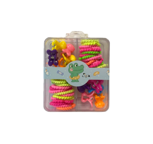 Mini Box of 3 Assorted Flower / Rabbit Hair Accessories Clips and Elastic Bands 1.5 - 2 cm Assorted Colours 7335