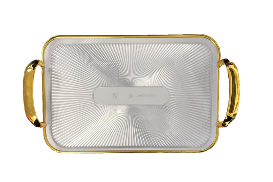 Rectangular Transparent Plastic Serving Tray with Gold Rim and Handles 22 x 32 cm 7350