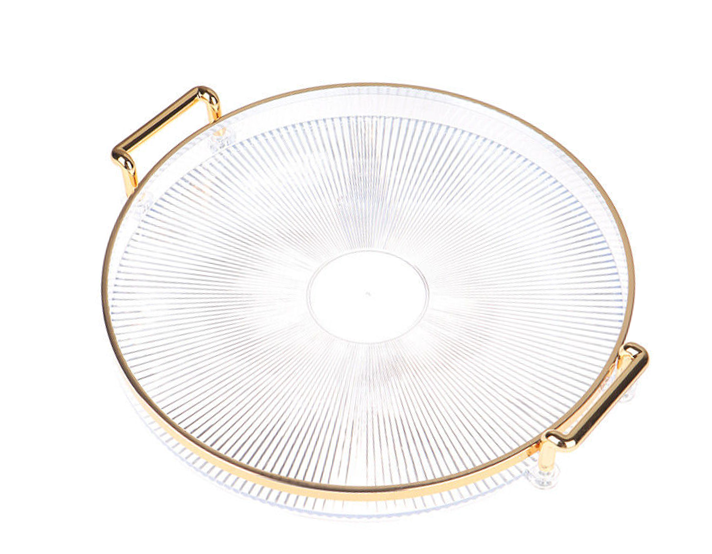 Round Transparent Plastic Serving Tray with Gold Rim and Handles 28 cm 7353