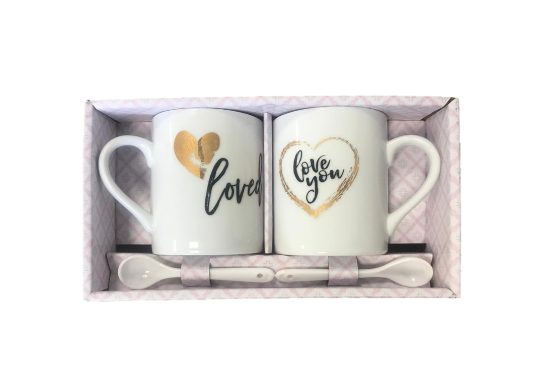 Coffee Tea Cup Mug with Teaspoon Set of 2 Assorted Designs 7519