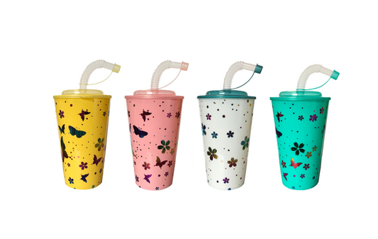 Reusable Plastic Juice Drinking Cup with Lid and Straw 500ml Assorted Colours 7530