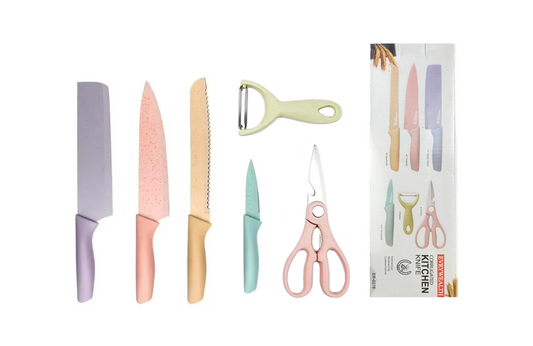 Kitchen Knife Set of 6 with Scissors ER-0278 Assorted Pastel Colours 7712
