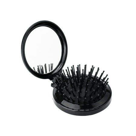 Round Travel Folding Pocket Hair Brush with Mirror Assorted Colours 2862