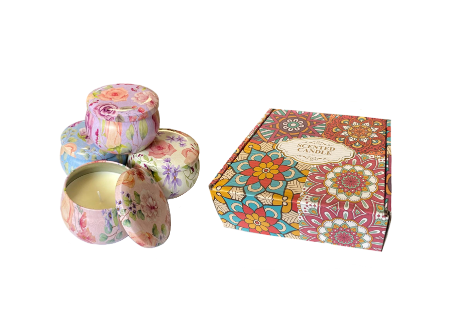 Scented Candle in Metal Jar with Floral Print 7 x 4.5cm in Gift Box of 4 Assorted Designs 7889