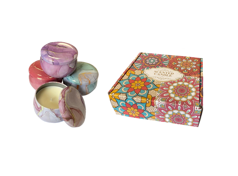 Scented Candle in Metal Jar with Coloured Marble Print 7 x 4.5cm in Gift Box of 4 Assorted Designs 7890