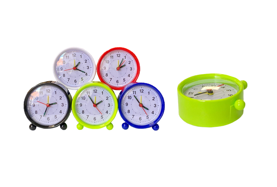 Round Plastic Analogue Alarm Clock 8 x 3.3cm Assorted Colours 7940