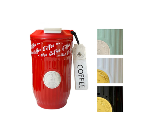 Stainless Steel Coffee Travel Thermos Cup Tumbler with Retro Ribbed Design and Strap 420ml Assorted Colours 7951