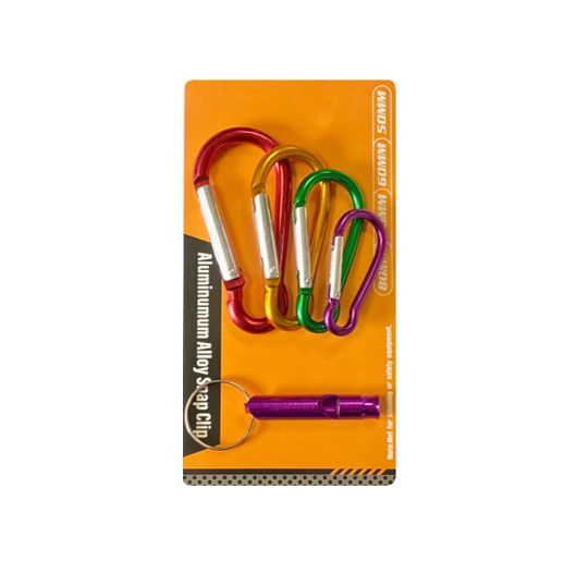 Aluminium Hiking Keychain Carabiner Clip Hook and Whistle Set of 5 Assorted Colours 7975