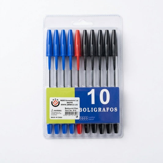 Classic Ballpoint Stick Pens Assorted Colours 10-Pack, Medium Point, SKU 8157