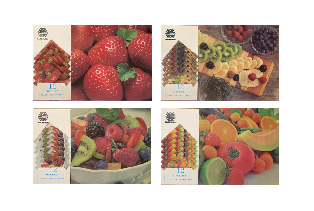 Plastic Dining Placemat and Coaster Food Fruit Print Set of 12 Assorted Designs 8014