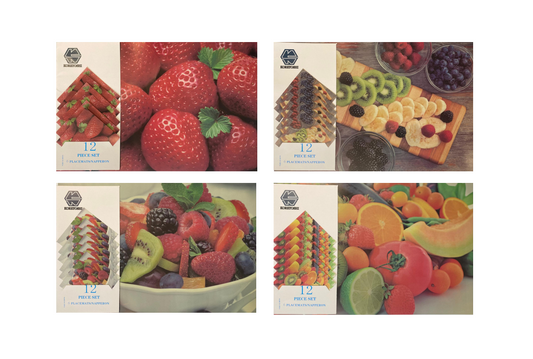 Plastic Dining Placemat and Coaster Food Fruit Print Set of 12 Assorted Designs 8014