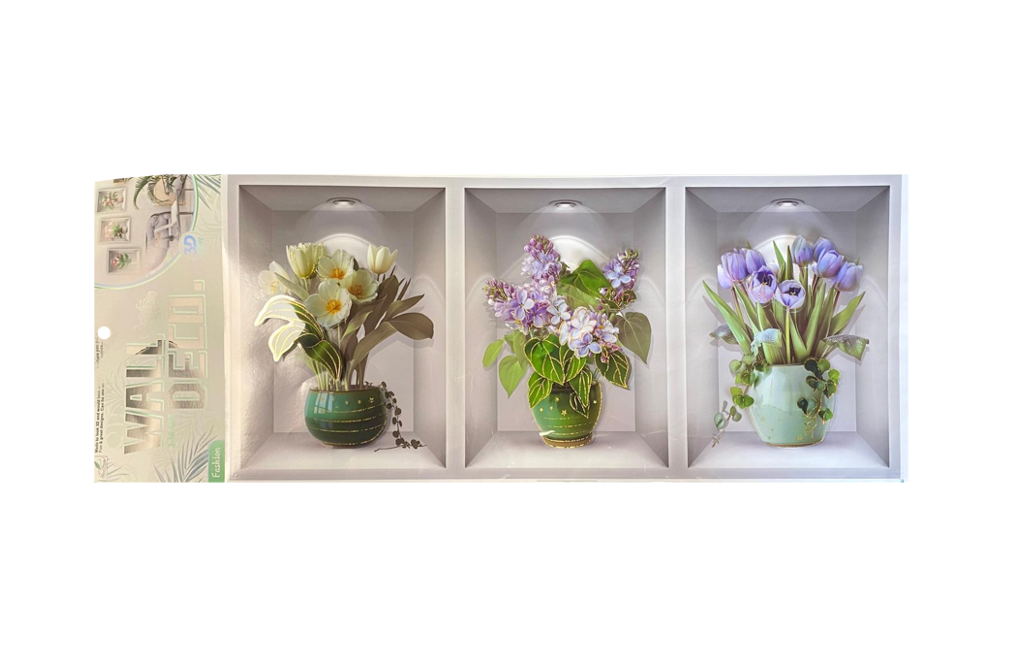 Room Decor 3D Effect Wall Stickers 3 Flower Vase Wall Design 55 x 25cm Assorted Designs 8066