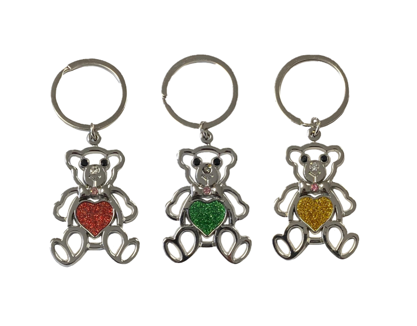 Metal Bear with Heart Keychain Keyring 9cm Assorted Colours 8095