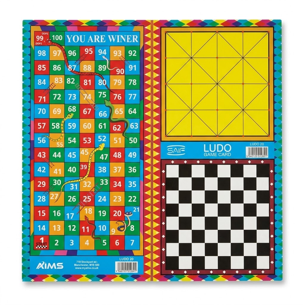 All-In-One Board Game Set – Ludo, Chess, Snakes &amp; Ladders, Alquerque – Double-Sided Design, 920g, SKU-LUDO24