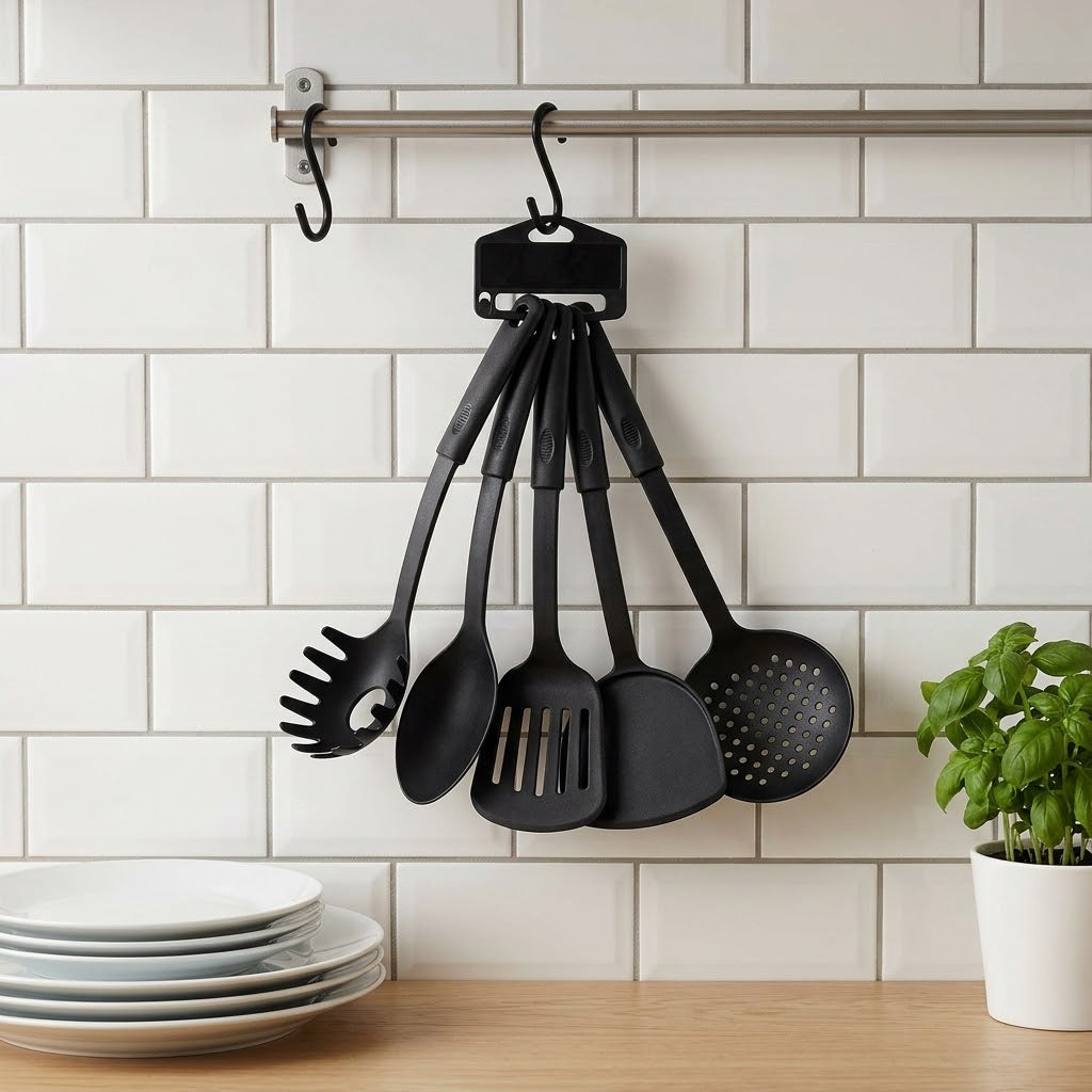 Plastic Assorted Kitchen Cooking Utensils Black 30 cm Set of 6 1901
