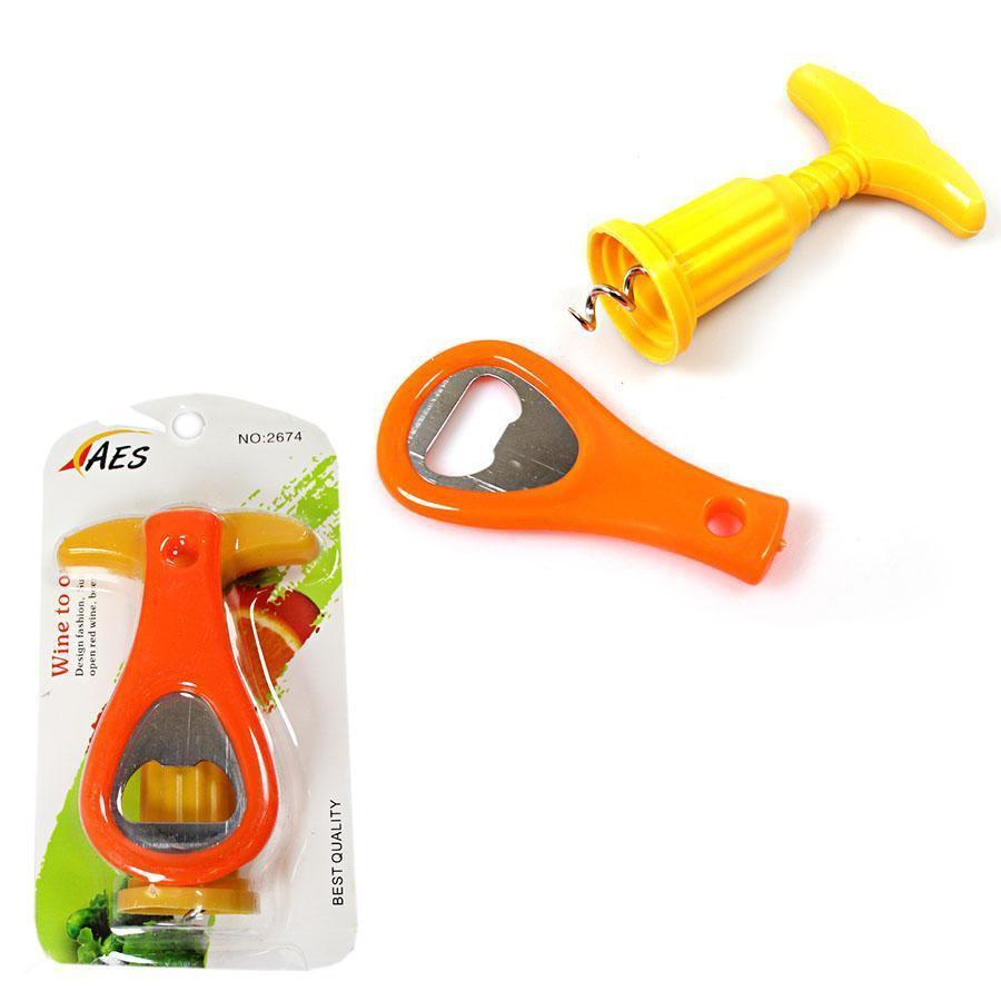 Plastic Bottle and Wine Corkscrew Opener Set 9-12cm Assorted Colours 5114