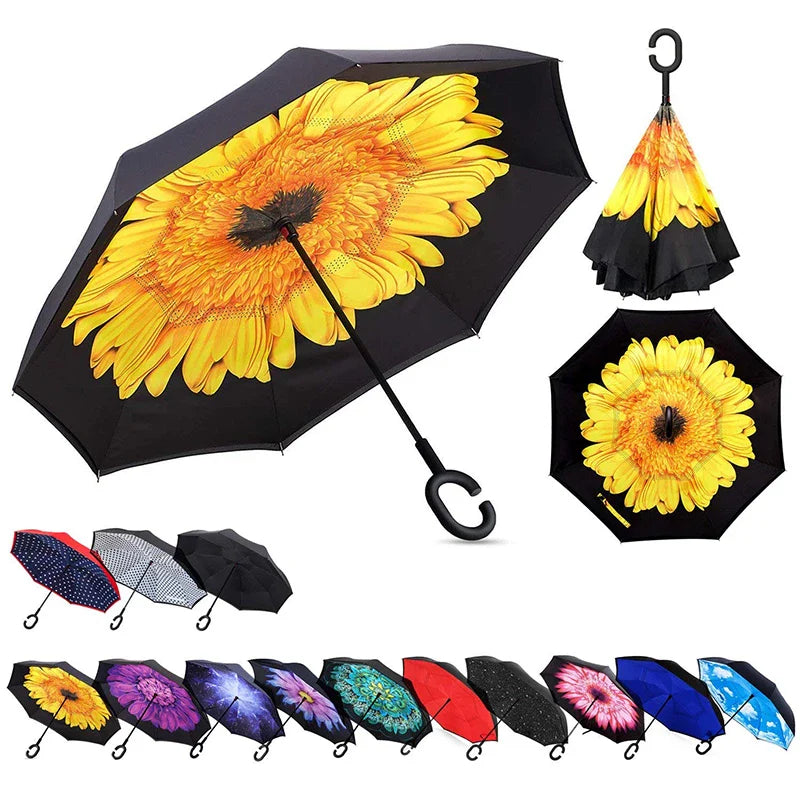 Reverse Inverted Double Layer Umbrella C Handle 80cm Assorted Designs 6550 A
