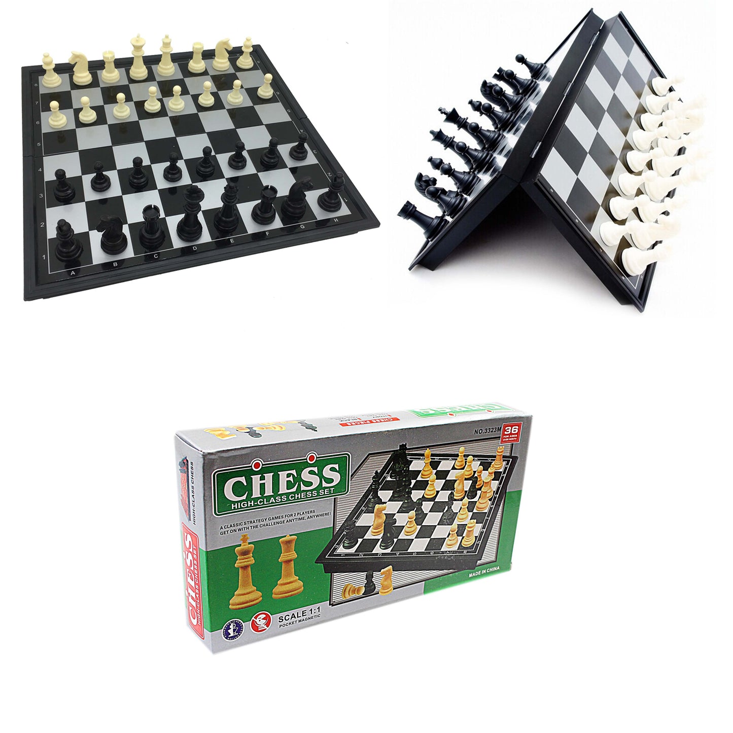High Class Chess Set Ivory Black 36 Pieces Magnetic Board Small 19.3 x 19.3cm 3834