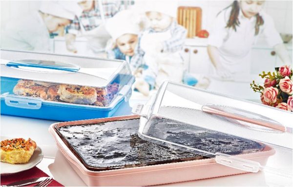 Plastic Cake Pastry Party Brownie Tray Storage Carry Box with Cover 45 x 30 x 10 cm Assorted Colours D30307
