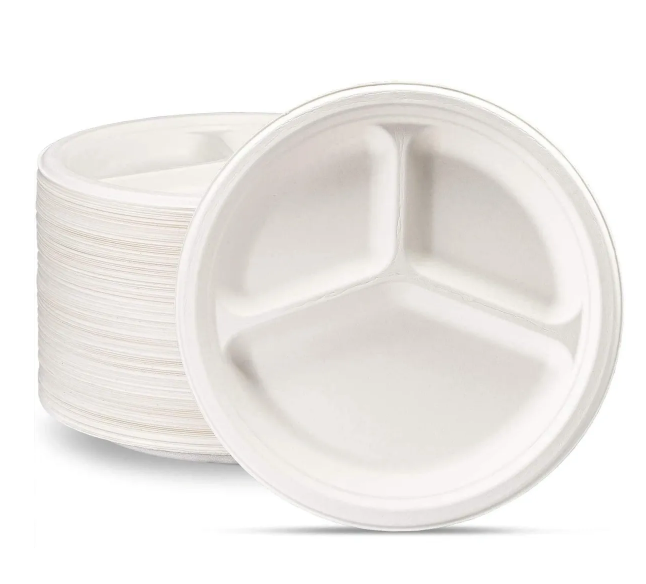 Disposable Compostable Eco-Bio Bagasse Sugarcane 3 Compartment Plates 9" Pack of 25 EC1680