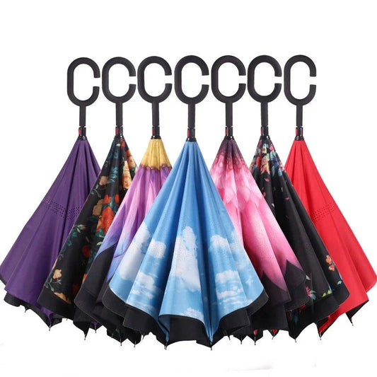 Reverse Inverted Double Layer Umbrella C Handle 80cm Assorted Designs 6550 A