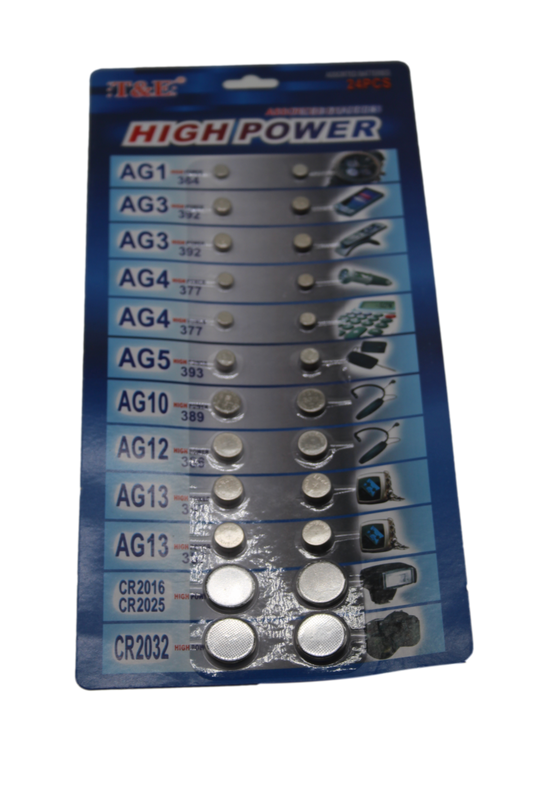 T&E 24 Assorted Flat Button Batteries on 1 Single Card 15 x 30cm 2027
