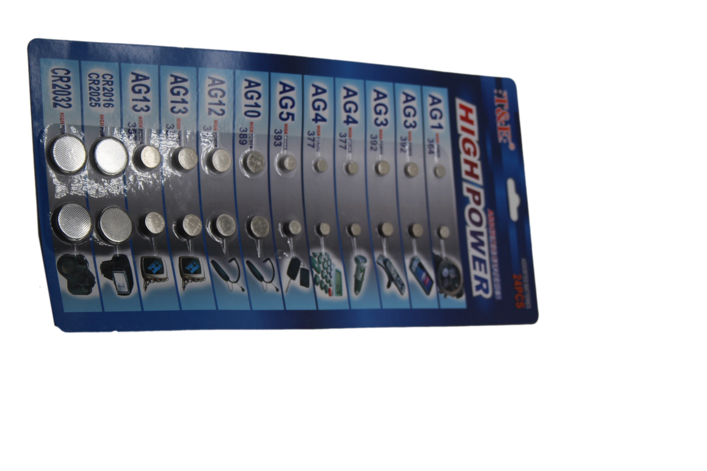 T&E 24 Assorted Flat Button Batteries on 1 Single Card 15 x 30cm 2027