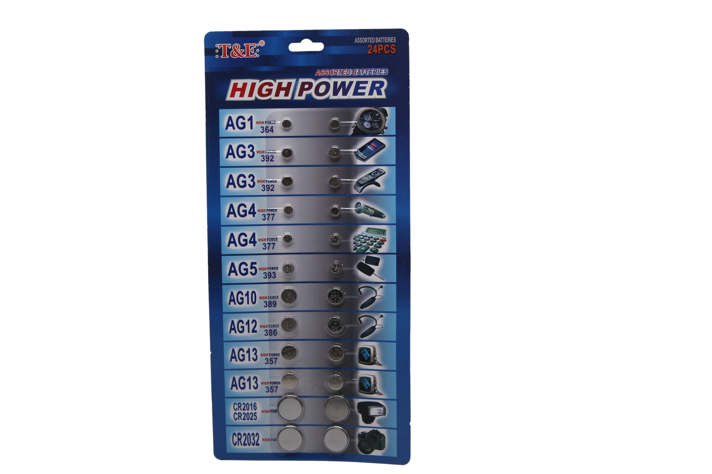 T&E 24 Assorted Flat Button Batteries on 1 Single Card 15 x 30cm 2027