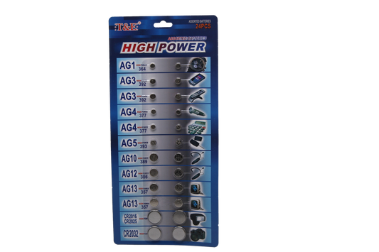 T&E 24 Assorted Flat Button Batteries on 1 Single Card 15 x 30cm 2027