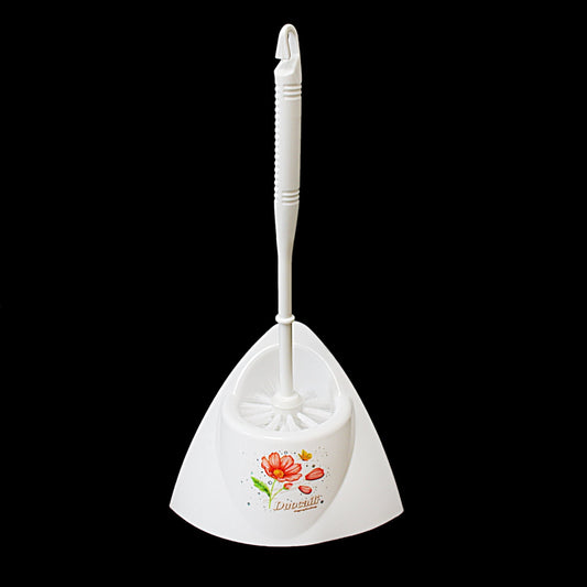 White Plastic Corner Toilet Brush with Stand Floral Print 30 cm 0407 A