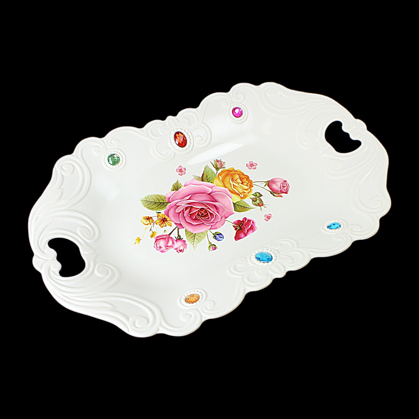 Plastic Jewelled Serving Tray with Handles and Printed Design 35 x 23 cm Assorted Designs 3210