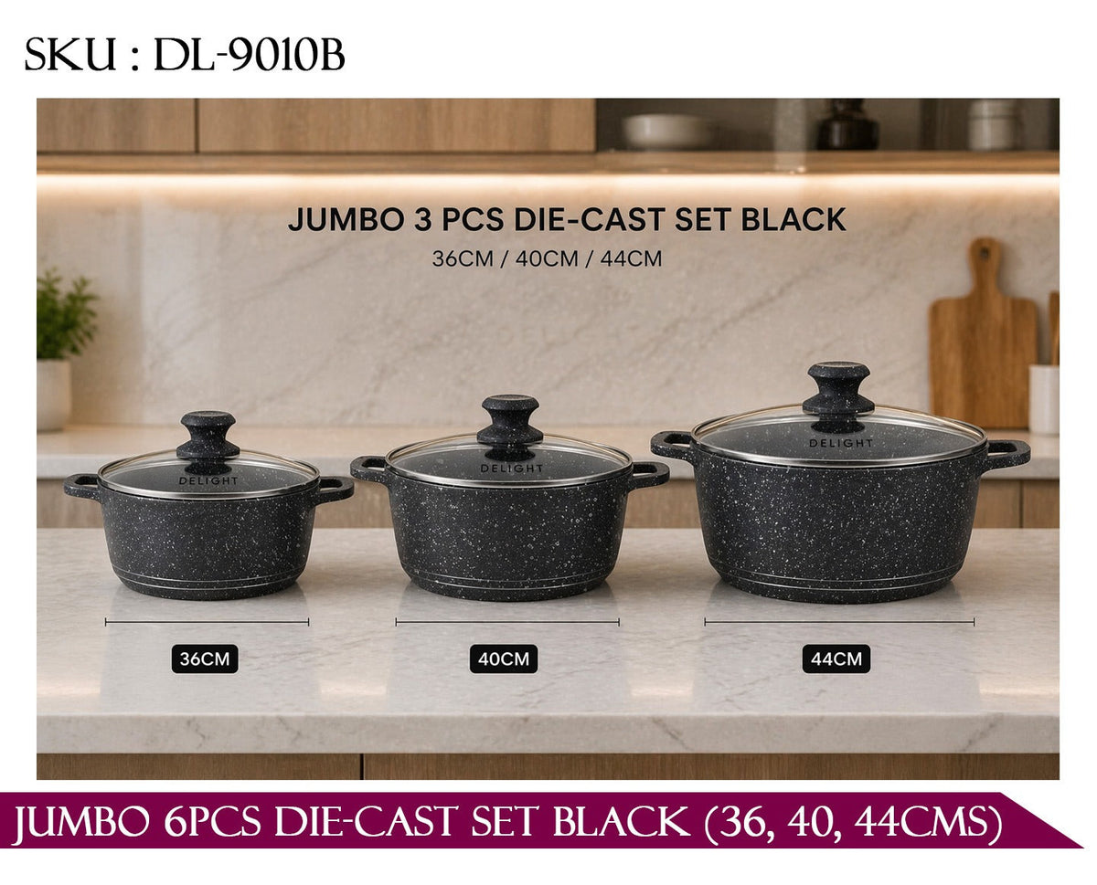 Jumbo 3-Piece Die-Cast Cookware Set with Glass Lids, Black Speckled, 36cm/40cm/44cm, SKU DL9010B