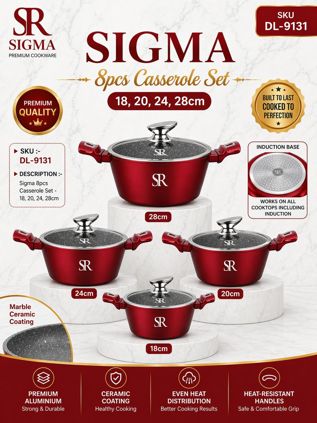 Sigma 4-Piece Casserole Set with Lids, Red, 18-20-24cm, SKU DL9131