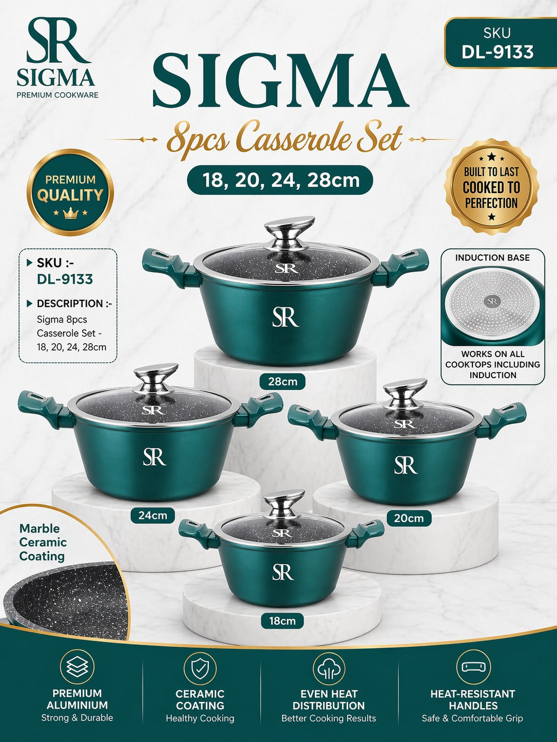 SIGMA 4-Piece Casserole Set with Glass Lids, Emerald Green, 18-20-24cm Aluminium, SKU DL9133