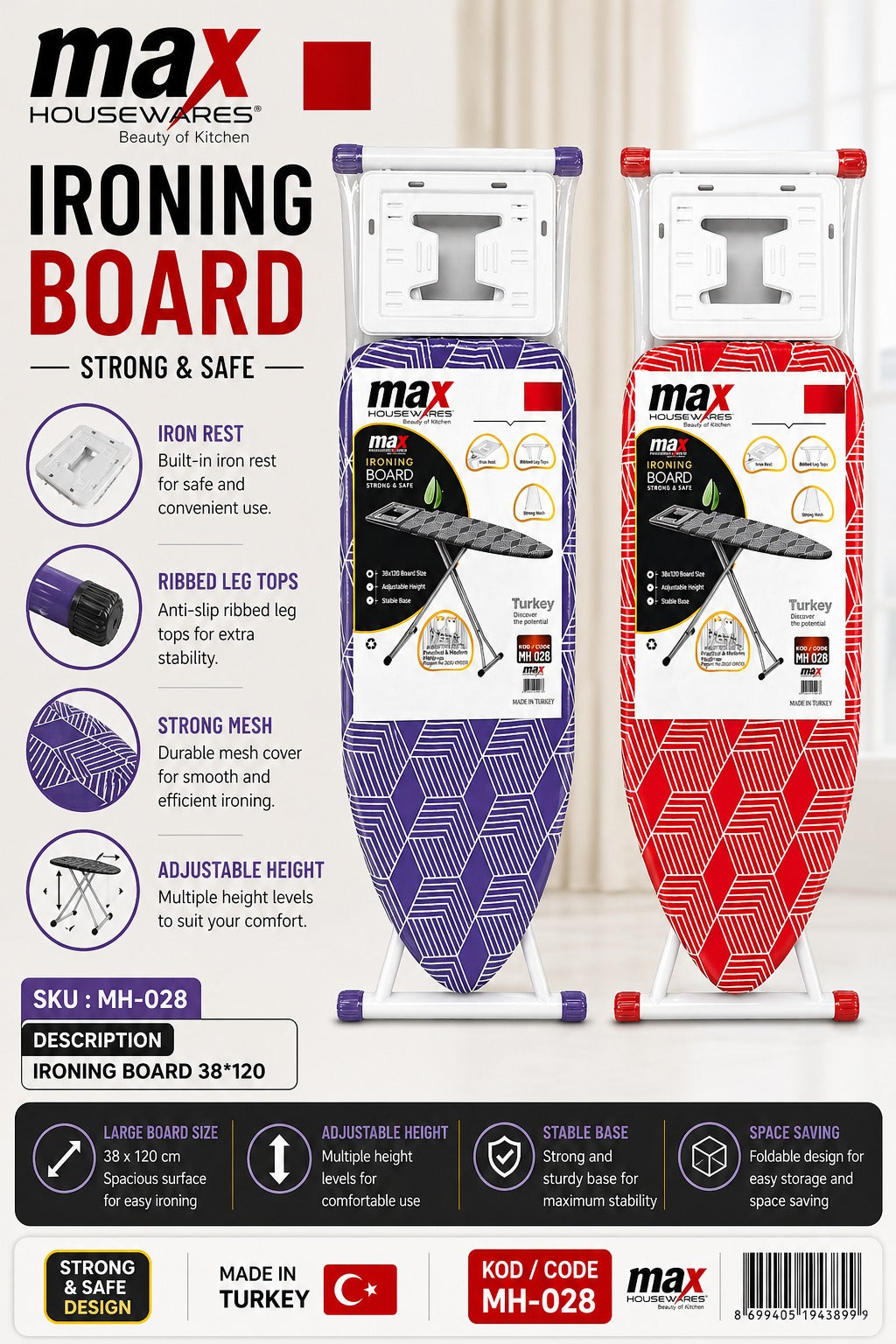 Max Housewares Ironing Board 38 x 110 cm Adjustable Height Mesh Surface White Legs SKU MH-028