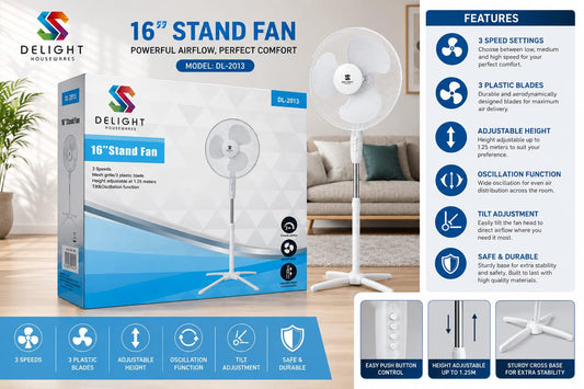 16" Stand Fan 3-Speed Adjustable Height 1.25m White 50W SKU DL2013/F25