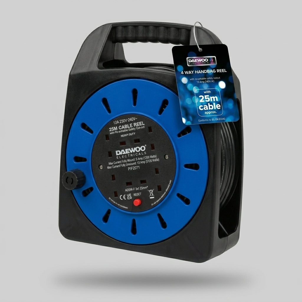 4 Gang Extension Reel with 25 Metre Cable – Heavy Duty Handbag Reel, SKU EXT1035