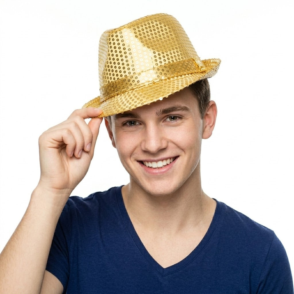 Light-Up LED Sequin Fedora Hat – Flashing Fancy Dress Party Accessory, Assorted Colours, SKU 3054