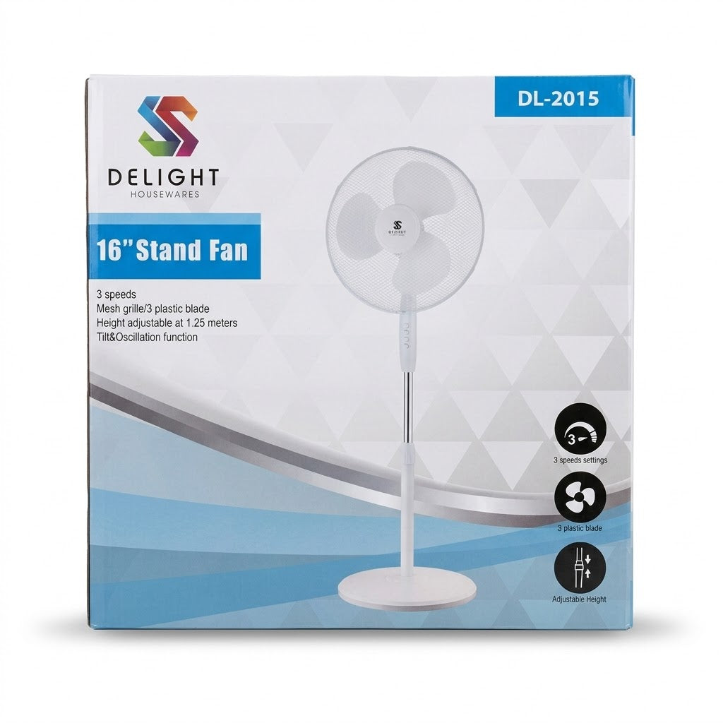 16" Stand Fan 3 speeds Mesh Grill/3 Plastic Blade Height Adjusttable at 1.25 Meters DL2015/F17,50