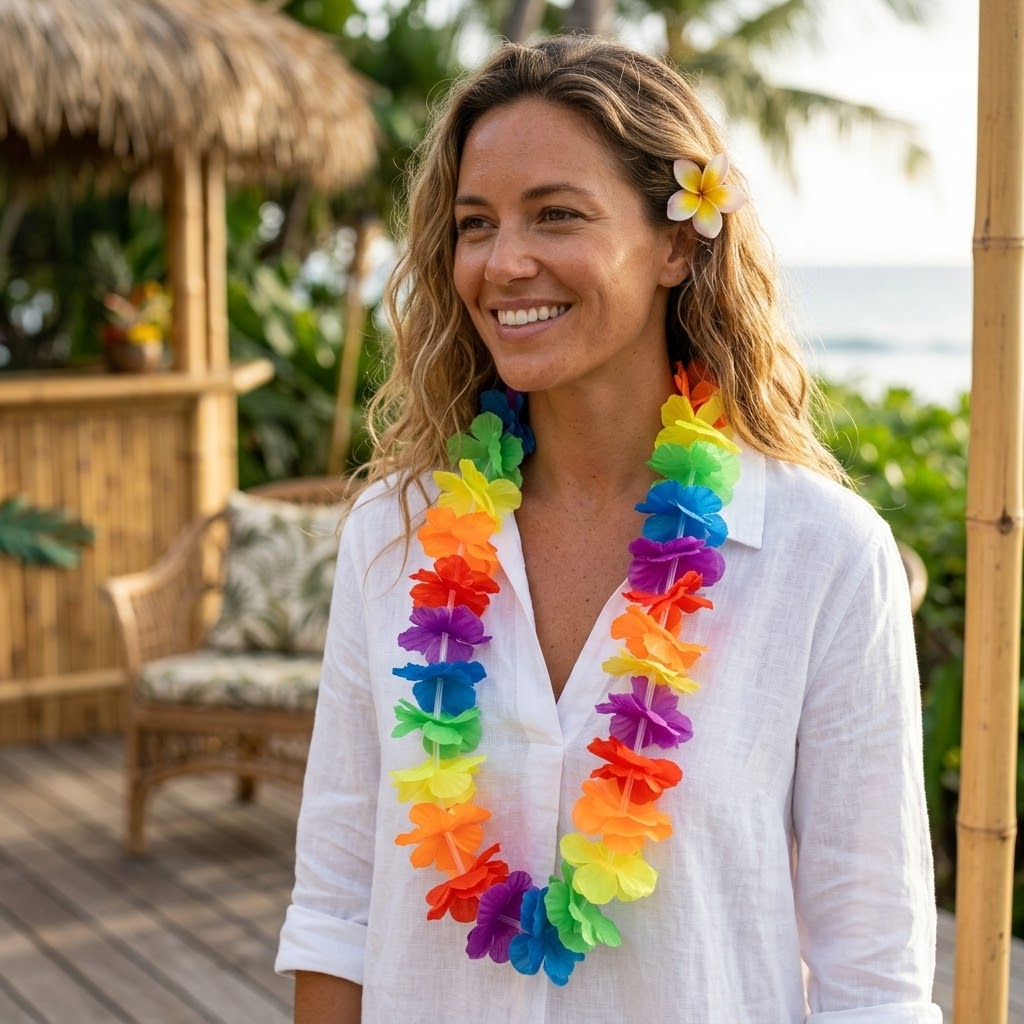 Neon Rainbow Hawaiian Flowers Hula Lei Garland, 100cm Length, SKU 5897