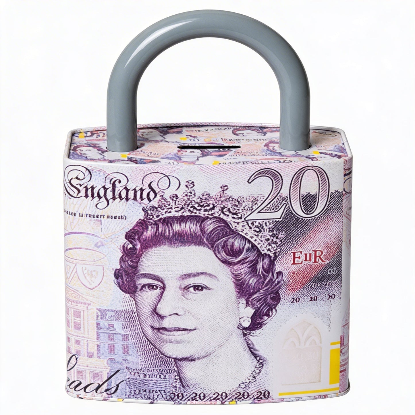 Queen Elizabeth Pound Note Reusable Coin Money Tin Box Padlock Shape with Handle Assorted Colours – 211g, 16.5 x 9.5 x 26.5cm, SKU PAD001A