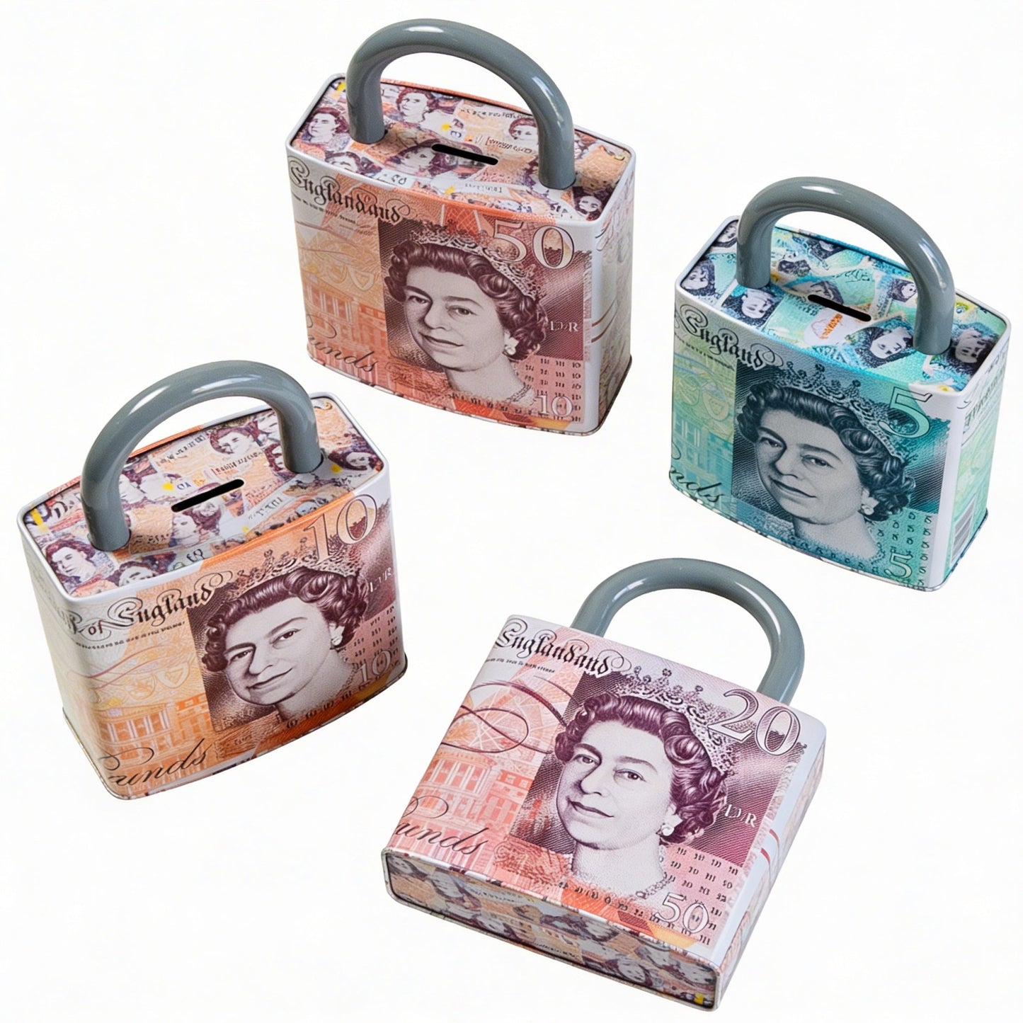 Queen Elizabeth Pound Note Reusable Coin Money Tin Box Padlock Shape with Handle Assorted Colours – 211g, 16.5 x 9.5 x 26.5cm, SKU PAD001A