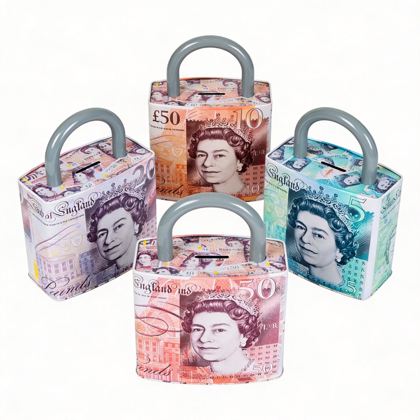 Queen Elizabeth Pound Note Reusable Coin Money Tin Box Padlock Shape with Handle Assorted Colours – 211g, 16.5 x 9.5 x 26.5cm, SKU PAD001A