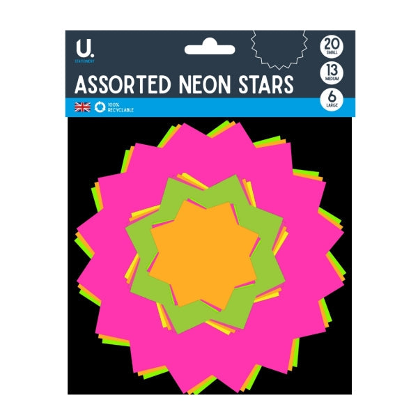 Assorted Paper Neon Coloured Stars Pack of 39 Assorted Sizes and Colours P2052