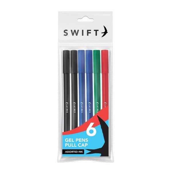Pull Cap Gel Pens Pack of 6 Assorted Colours P3058