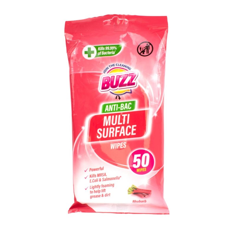 Buzz Multi Surface Antibacterial Wipes 50 Pack Rhubarb 321593 / 324255