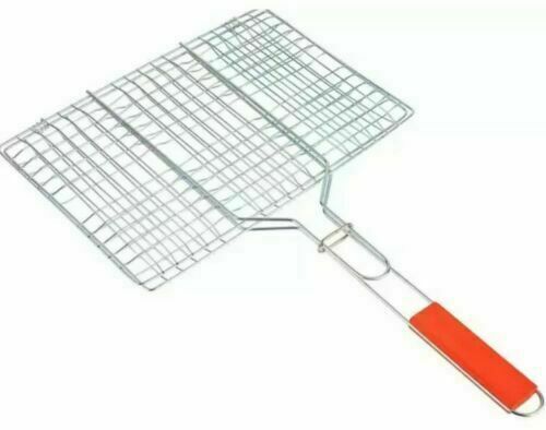 Metal Meat Fish Roasting BBQ Basket Grill with Wooden Handle 22 x 28 cm 6630