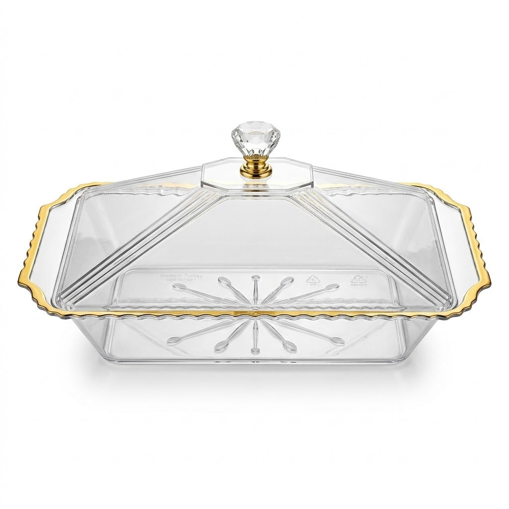 Clear Plastic Party Tray with Gold Lid, 683g, 40cm – SKU 8165
